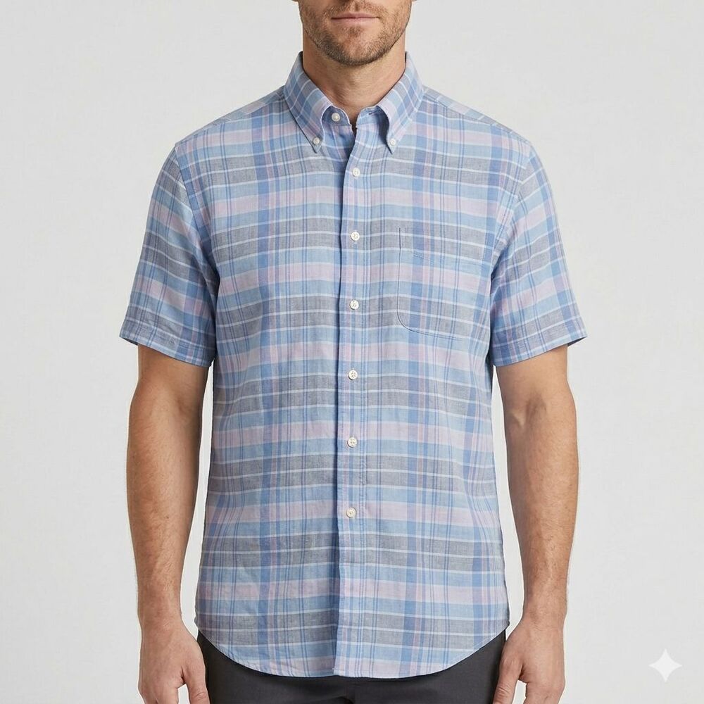 Brooks Brothers Linen Shirt Mens Medium Gingham Plaid Short Sleeve Button Front